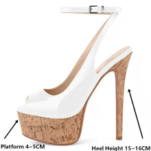 Load image into Gallery viewer, White high-heeled shoe with cork platform and heel, showing measurements.