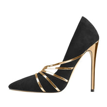 Load image into Gallery viewer, Black high-heeled shoe with gold straps on a white background