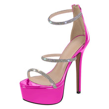 Load image into Gallery viewer, Pink high-heeled sandal with rhinestone straps on a white background