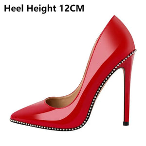 Red high-heeled shoe with studded details on a white background, heel height indicated as 12CM.