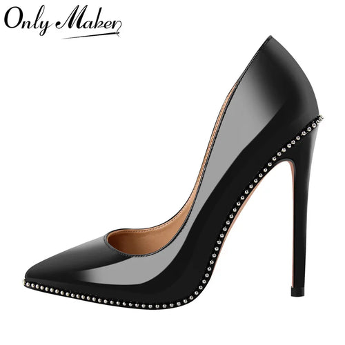 Black high-heeled shoe with studded details on a white background, featuring the brand 'Only Maker'.