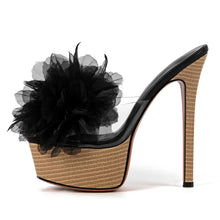 Load image into Gallery viewer, High-heeled shoe with a black floral decoration on a white background