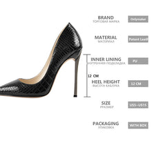 Load image into Gallery viewer, Black high-heeled shoe with specifications on a white background
