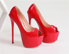 Load image into Gallery viewer, Side view red high heel peep toes