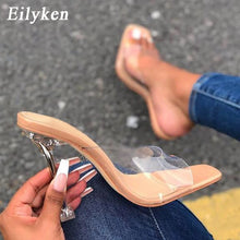 Load image into Gallery viewer, Clear high-heeled shoes with a person wearing jeans and white nail polish.