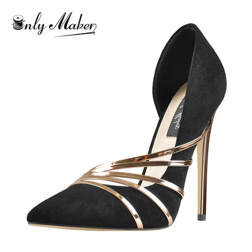 Black high-heeled shoe with gold straps on a white background, featuring the brand 'Only Maker'.