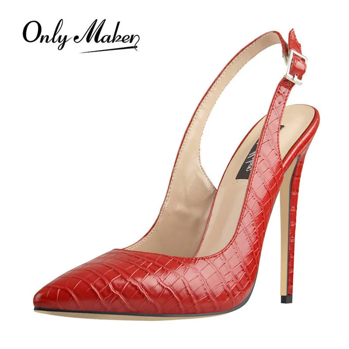 Red high-heeled shoe with 'Only Maker' branding on a white background