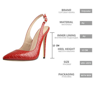 Red high-heeled shoe with product details on a white background