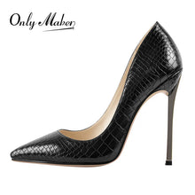 Load image into Gallery viewer, Black high-heeled shoe with crocodile texture on a white background, featuring the brand 'Only Maker'.