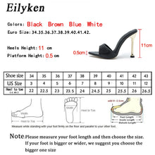 Load image into Gallery viewer, Product description for black high-heeled shoes with size chart and measurements.