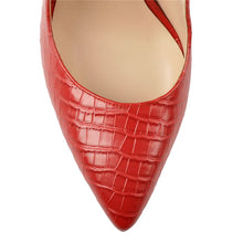 Load image into Gallery viewer, Red pointed-toe shoe with crocodile texture on a white background
