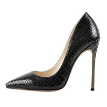Load image into Gallery viewer, Black high-heeled shoe with a pointed toe on a white background