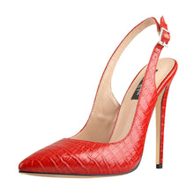 Load image into Gallery viewer, Red high-heeled shoe with a slingback design on a white background