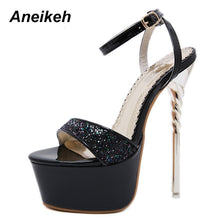 Load image into Gallery viewer, Black sequine high heel sandals isometric view