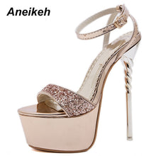 Load image into Gallery viewer, Isometric view gold high heel sandals