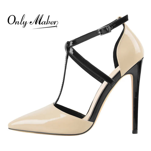 Beige high-heeled shoe with black strappy design on a white background, featuring 'Only Maker' brand.