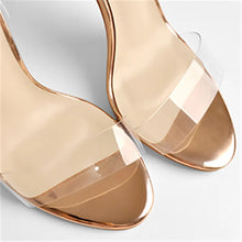 Load image into Gallery viewer, Side view gold high heel pvc sandals
