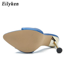 Load image into Gallery viewer, Close-up of a high-heeled shoe with a gold heel and blue exterior on a white background.