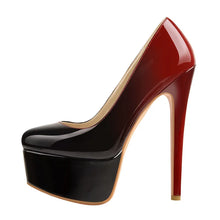 Load image into Gallery viewer, High-heeled shoe with red and black platform on a white background