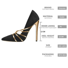 Load image into Gallery viewer, Black high-heeled shoe with gold accents and product specifications on a white background