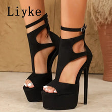 Load image into Gallery viewer, Black high-heeled platform sandals with 'Liyke' branding.