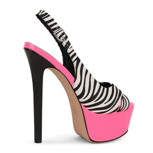 Load image into Gallery viewer, High-heeled shoe with zebra pattern and pink platform on a white background