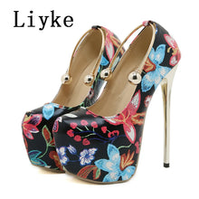 Load image into Gallery viewer, Floral high-heeled shoes with colorful design on a white background, featuring the brand &#39;Liyke&#39;.