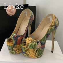 Load image into Gallery viewer, A pair of high-heeled platform pumps with a multicolor snakeskin pattern in green, yellow, and orange, displayed on a white surface with a black box in the background. The brand name 'Liyke' is visible as an overlay.