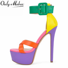 Load image into Gallery viewer, Colorful high-heeled shoe with a green buckle on a white background, branded 'Onlymaker'.