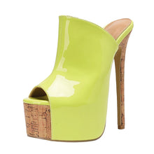 Load image into Gallery viewer, Lime green high-heeled shoe with cork platform on a white background