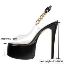 Load image into Gallery viewer, Black high-heeled shoe with clear platform and gold chain, showing measurements on a white background.