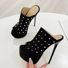 Load image into Gallery viewer, Black studded high-heeled mules on a white surface
