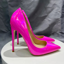 Load image into Gallery viewer, Side view of pink stiletto high heels for girls