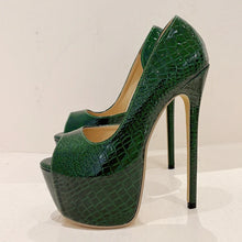 Load image into Gallery viewer, Green high-heeled shoes with a textured pattern on a white background