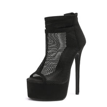 Load image into Gallery viewer, Black high-heeled shoe with mesh design on a white background