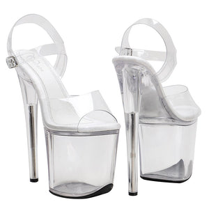 Full view white PVC stripper heels