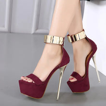 Load image into Gallery viewer, Mauve high-heeled platform shoes with gold straps on a neutral background