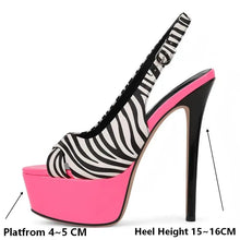 Load image into Gallery viewer, High-heeled shoe with zebra pattern and pink platform on a white background