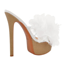 Load image into Gallery viewer, High-heeled shoe with white ruffle on a white background