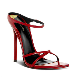Red high-heeled sandal on a white background