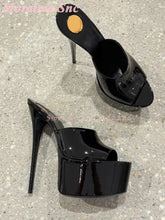 Load image into Gallery viewer, A pair of glossy black patent leather high-heeled mule sandals with wide platform soles and slim stiletto heels, displayed on a gray concrete floor.