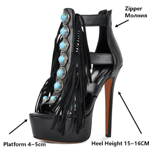 Black high-heeled shoe with fringes and blue embellishments, labeled with features.