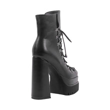 Load image into Gallery viewer, Black platform boot with high heel on a white background