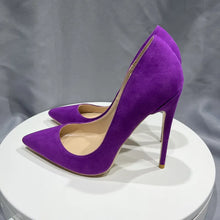 Load image into Gallery viewer, Side view purple stiletto high heels for sale