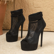 Load image into Gallery viewer, Black high-heeled platform shoes with mesh design on a neutral background