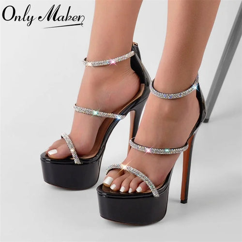 Black high-heeled sandals with crystal straps on a light gray background, featuring 'Only Maker' branding.