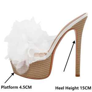 High-heeled shoe with platform and heel height measurements indicated.