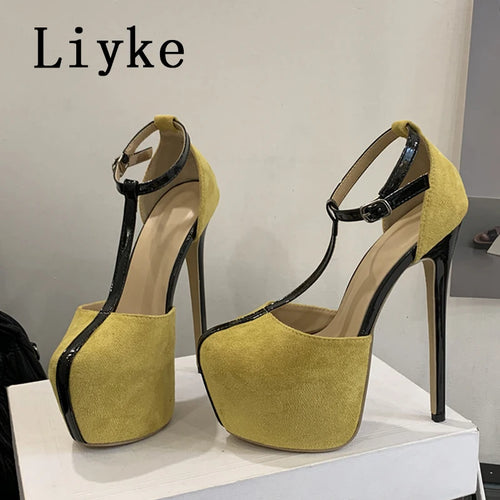 Yellow high-heeled shoes with black straps on a white platform, branded 'Liyke'.