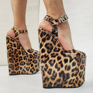 Side view leopard print high heel wedges