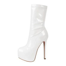 Load image into Gallery viewer, White platform high-heeled boot on a white background